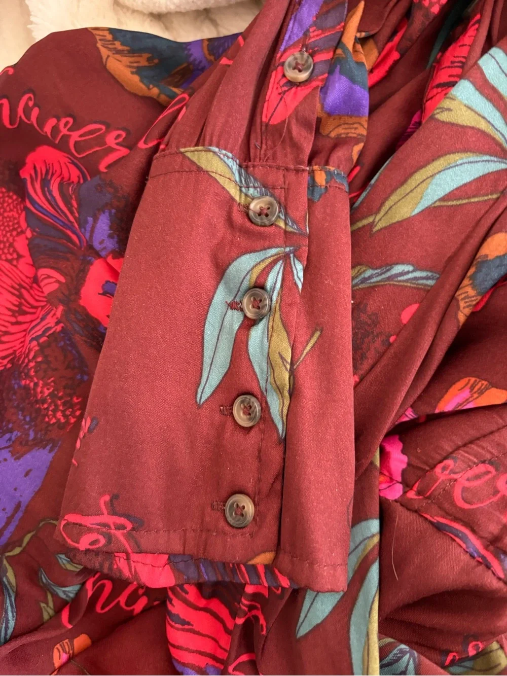 Free People Silky Night Burgundy Blue Floral Print Oversized Button-Down Shirt M